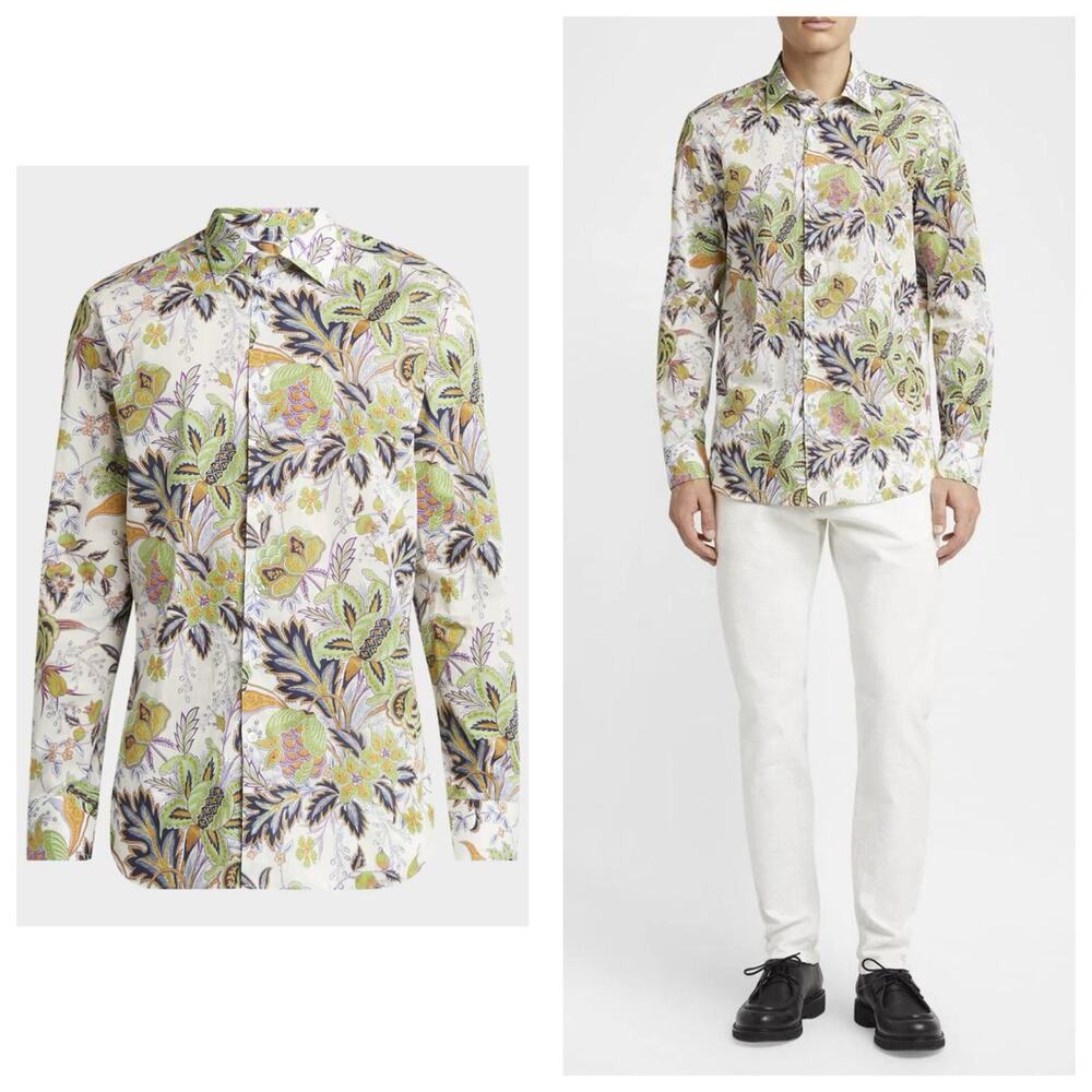 Etro Men's Cotton Floral Palm Sport Shirt Size 41 Buttondown Lightweight Print